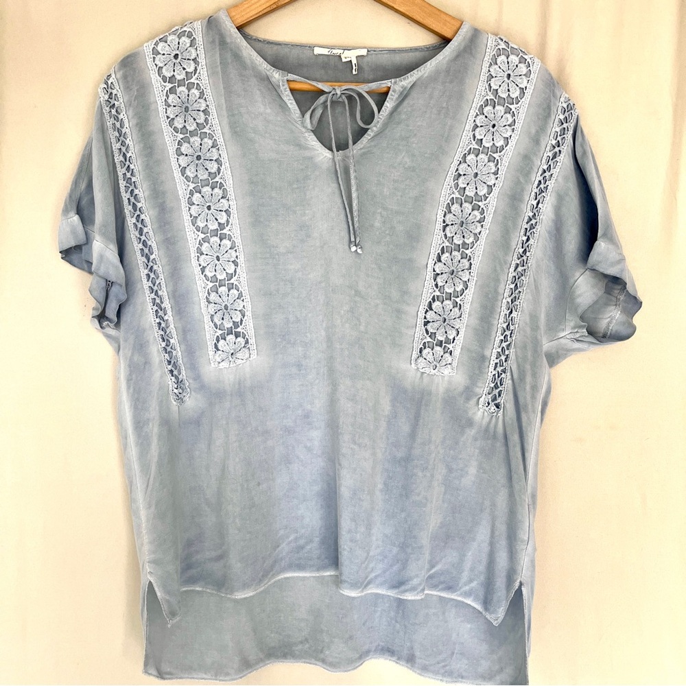 Floreat Embroidered Rayon Blouse Light Blue Boho Top | S